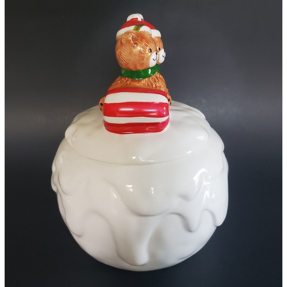Vtg Santa Bear Cookie Jar Teddies Riding Candy Cane Sleigh Sled on Snowball NOS - Picture 4 of 9